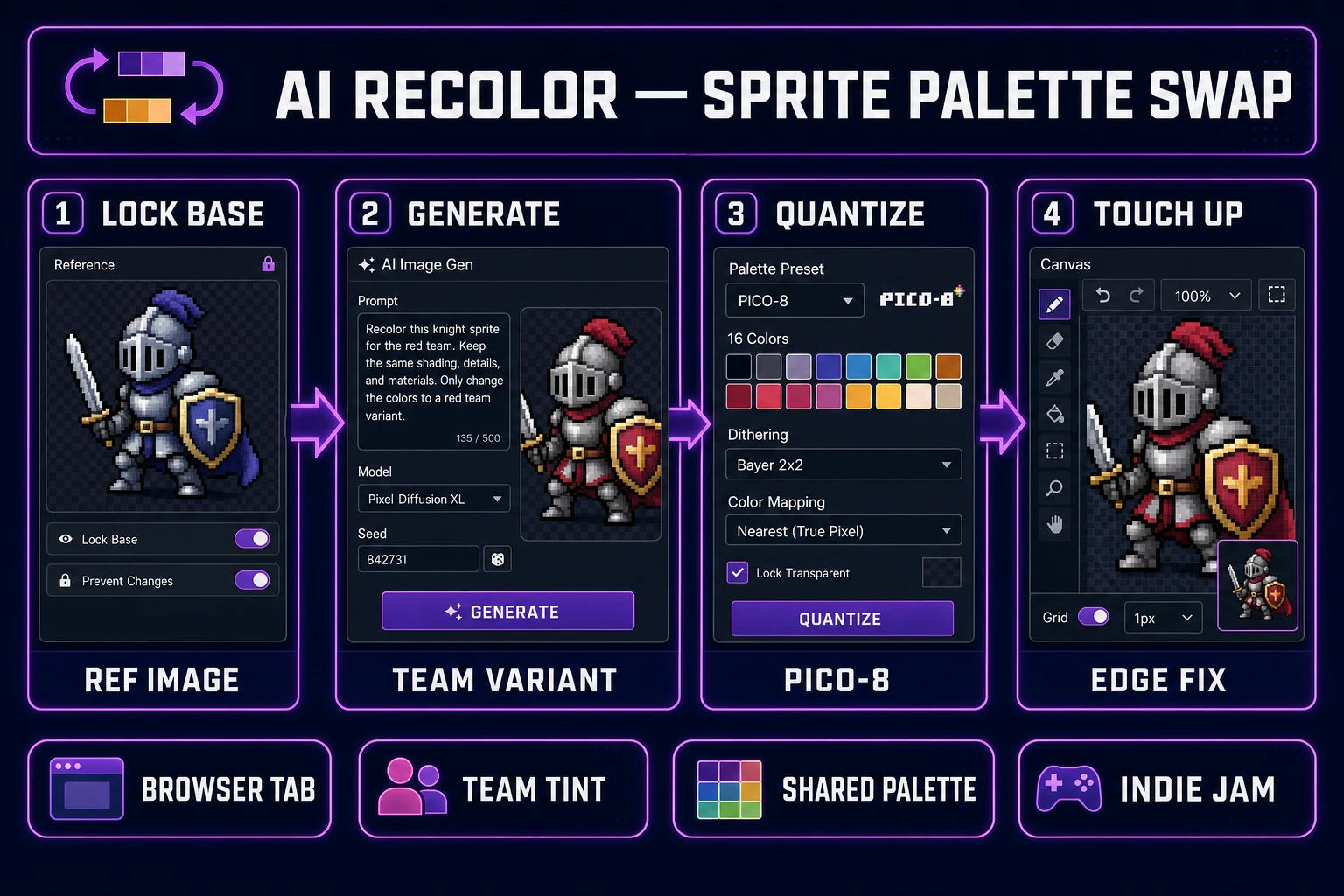 Ai recolor pipeline diagram — four numbered panels for base sprite lock, AI Image Gen team variant, True Pixel palette quantization, and Canvas edge touch-up