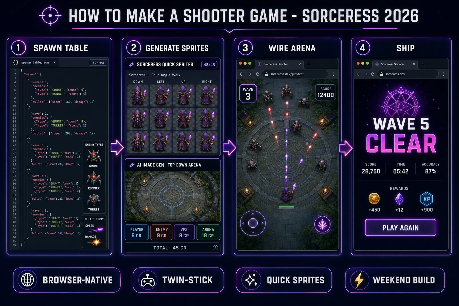 How to make a shooter game browser pipeline: model a spawn table, generate sprites and arena art, wire the twin-stick arena in WizardGenie, and ship a browser build