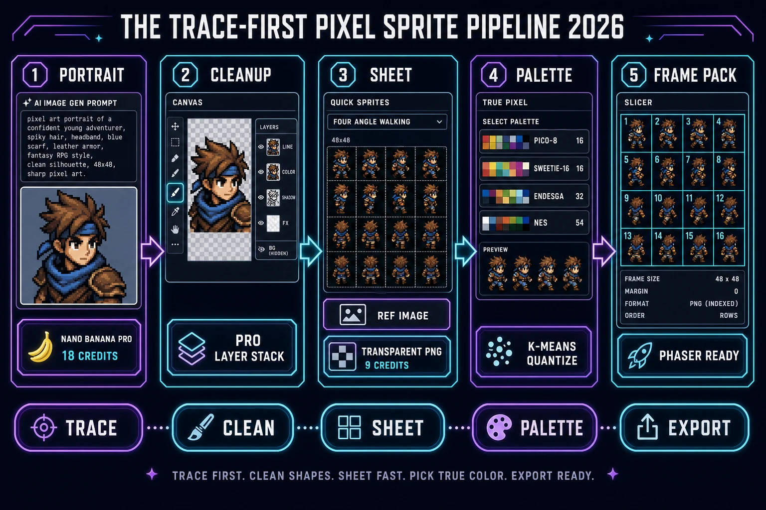 Five-step trace-first AI pixel sprite generator pipeline for 2026: PORTRAIT, CLEANUP, SHEET, PALETTE, FRAME PACK