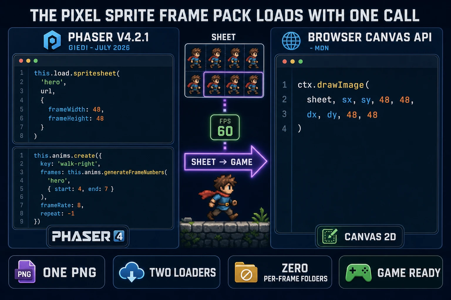 How the AI pixel sprite generator frame pack loads into a browser game: Phaser v4.2.1 Giedi code and browser Canvas API code side by side
