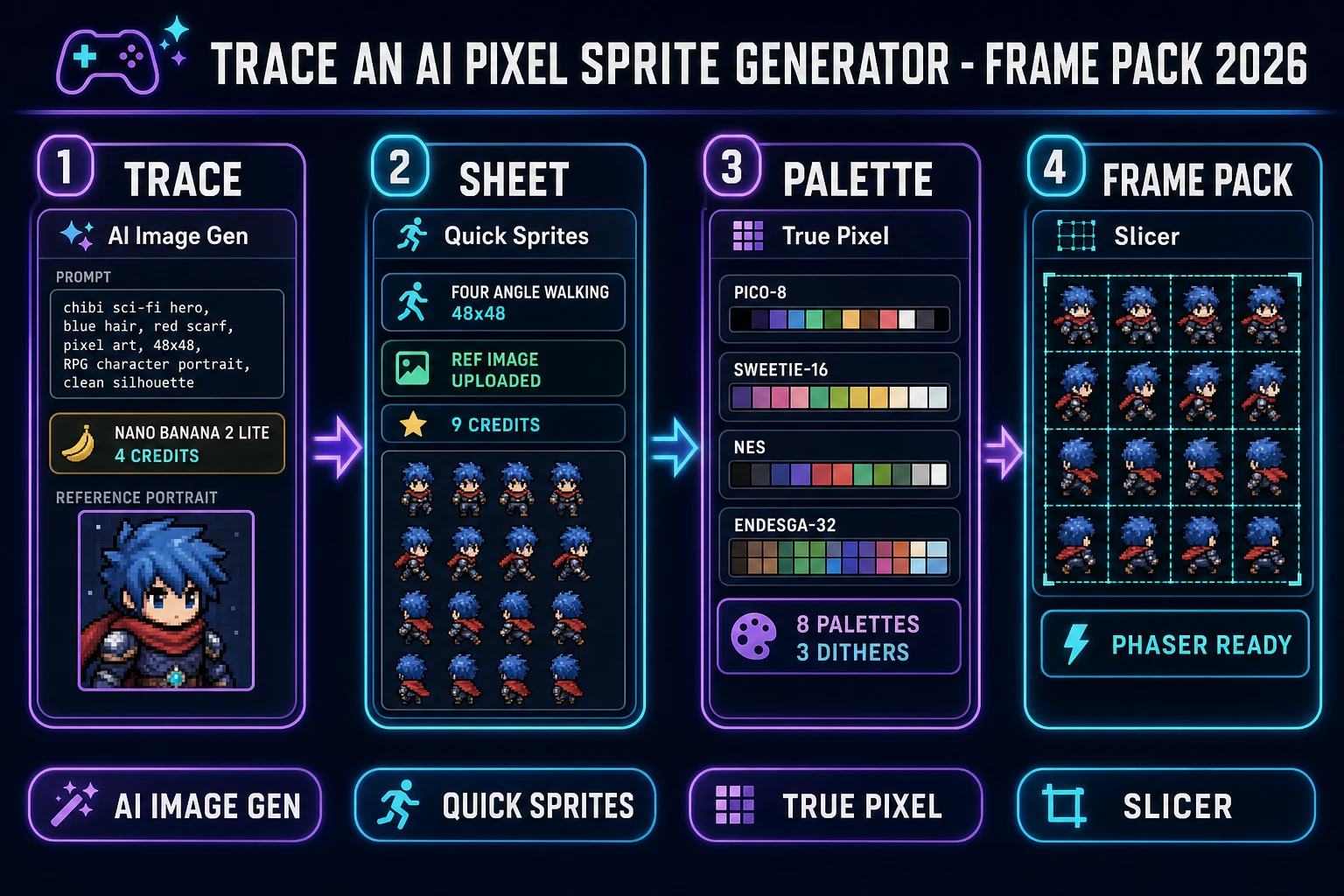 AI pixel sprite generator frame pack 2026: four-step trace-first pipeline showing TRACE, SHEET, PALETTE, FRAME PACK