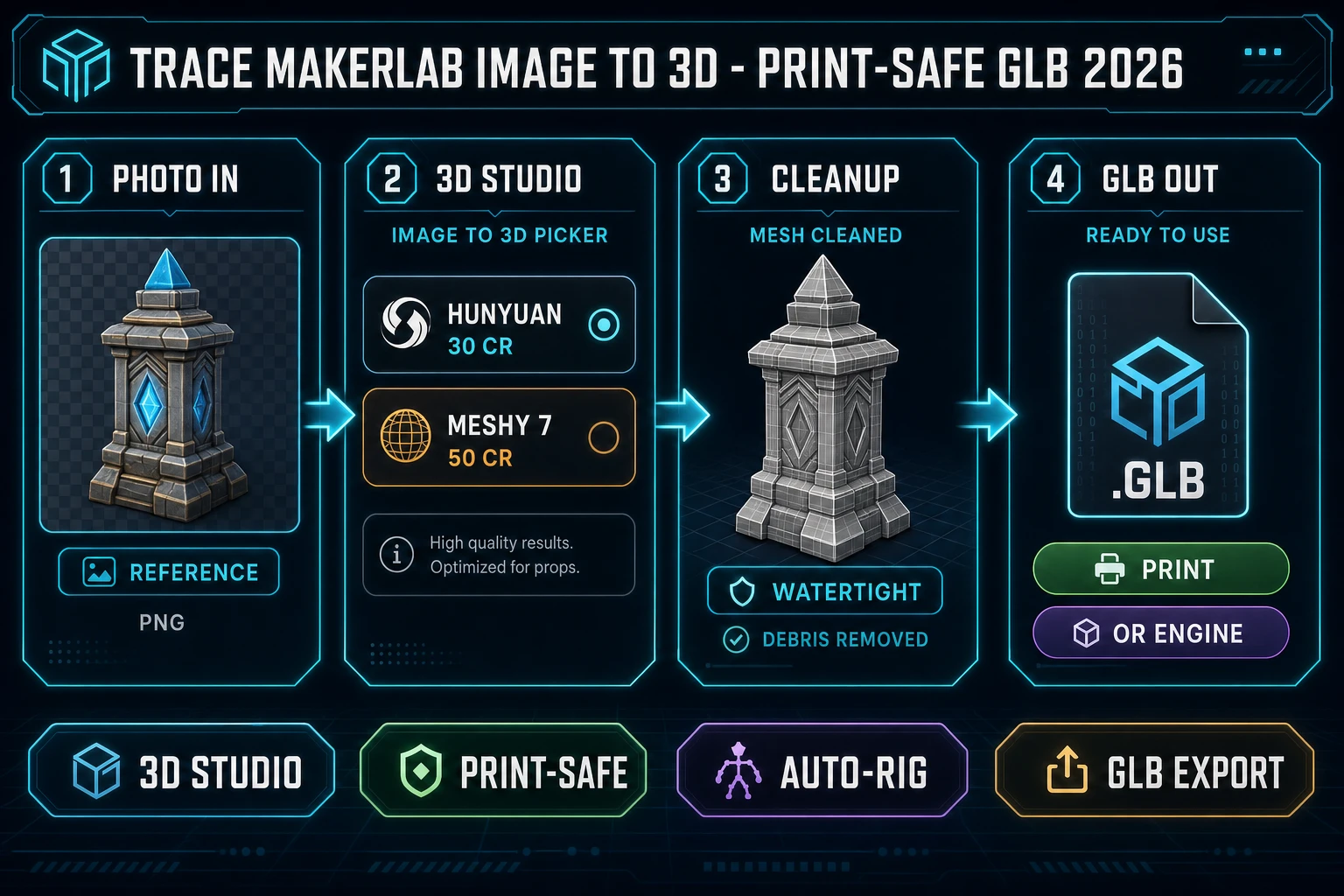 Makerlab image to 3D pipeline: photo reference, 3D Studio lift, cleanup, print-safe GLB export