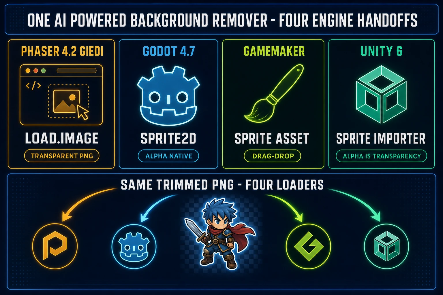 One AI powered background remover four engine handoffs - Phaser 4.2 Giedi load.image, Godot 4.7 Sprite2D alpha native, GameMaker sprite asset drag-drop, Unity 6 sprite importer alpha is transparency, same trimmed PNG four loaders