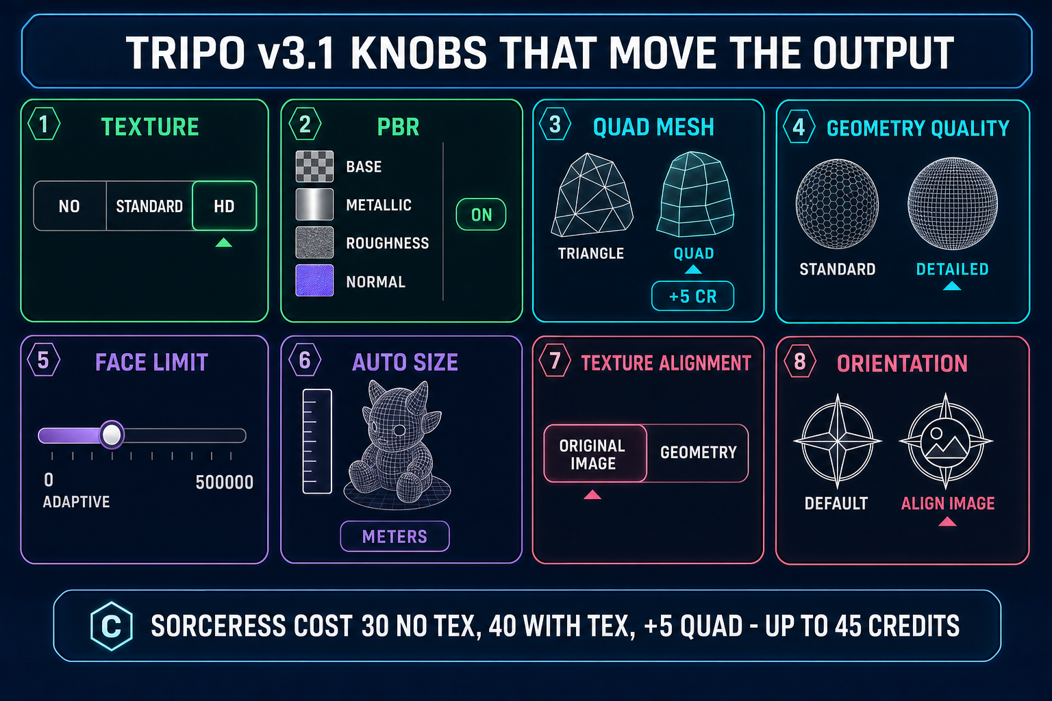 Tripo v3.1 settings panel infographic showing the eight knobs that matter for Tripo AI image to 3D model outputs - texture no standard HD, PBR on off, quad mesh option with +5 credit pill, geometry quality standard versus detailed, face limit slider 0 adaptive to 500K, auto size meters, texture alignment original image versus geometry, orientation default versus align image - each setting visualized as a stylized UI control on a dark navy background