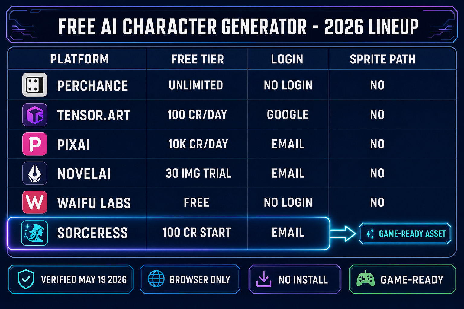 Comparison table infographic showing six free AI character generator platforms (Perchance, Tensor.Art, PixAI, NovelAI, Waifu Labs, Sorceress) with their free tier, login requirement, and sprite path columns, with the Sorceress row highlighted in cyan as the only platform with a YES in the sprite path column pointing to a game-ready asset chip, on a dark navy background