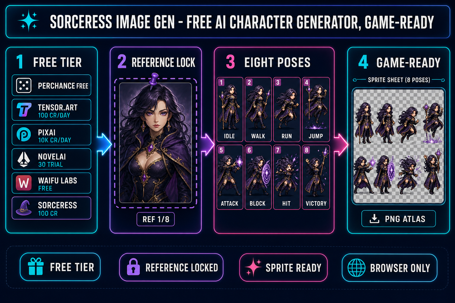 Free AI character generator workflow diagram showing six platform free-tier chips at the start (Perchance, Tensor.Art, PixAI, NovelAI, Waifu Labs, Sorceress), then a reference-image lock step, then an eight-pose grid of the same character, then a game-ready sprite sheet output, on a dark navy background with cyan magenta and purple accents