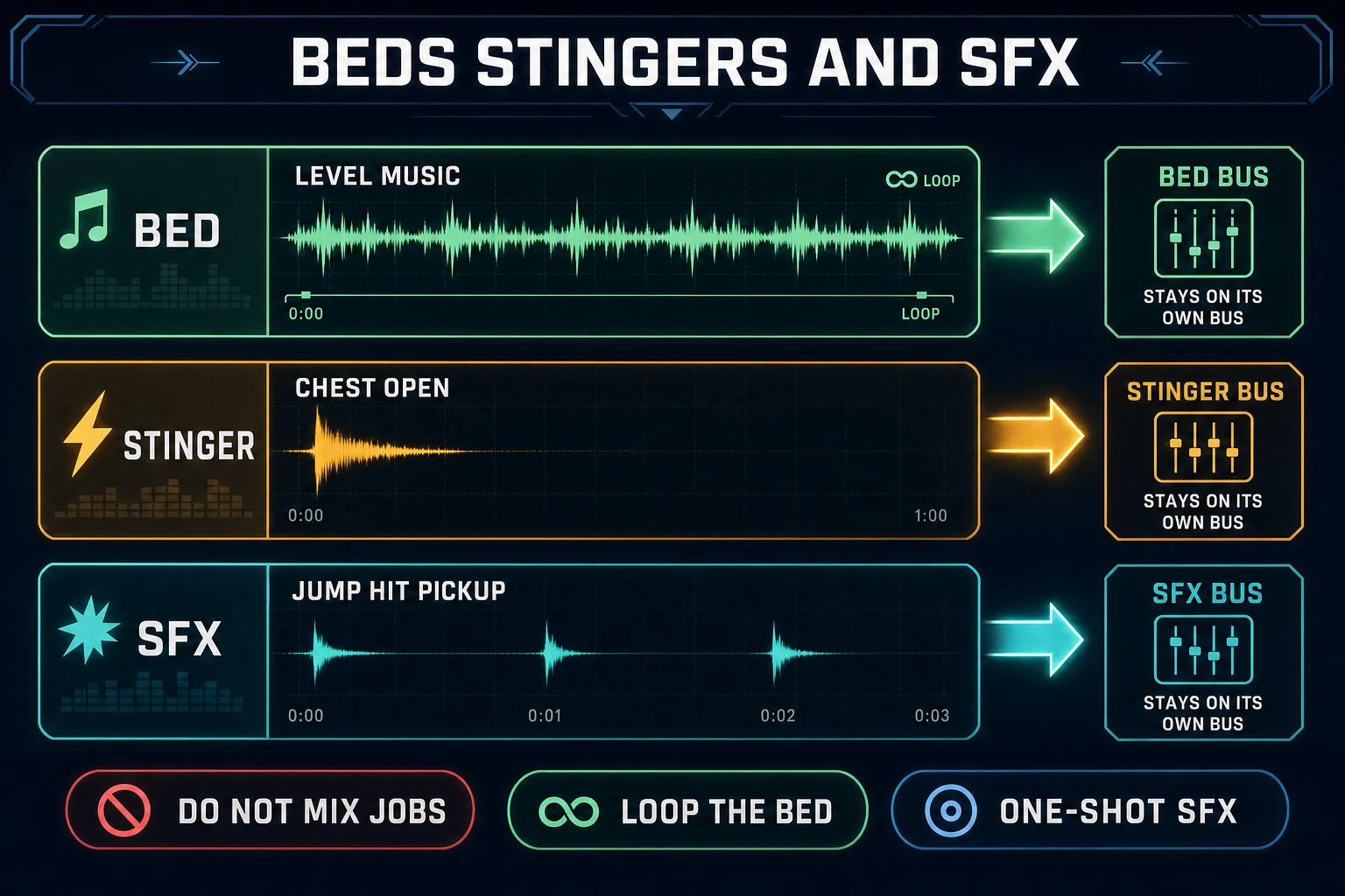 How to make music for game by separating looping beds, short stingers, and one-shot SFX