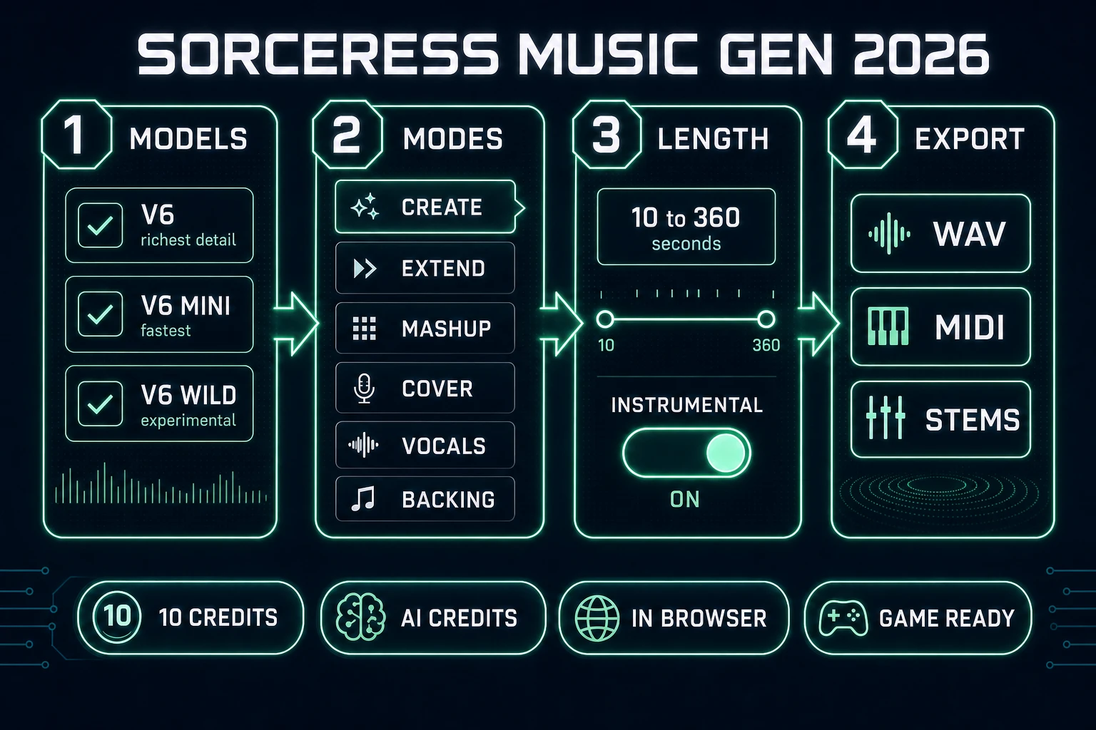 Sorceress Music Gen UI for how to make music for game: V6 models, modes, length, export