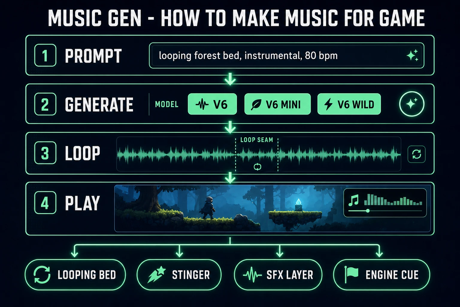 How to make music for game pipeline: prompt, Suno V6 generate, loop seam, play under a level