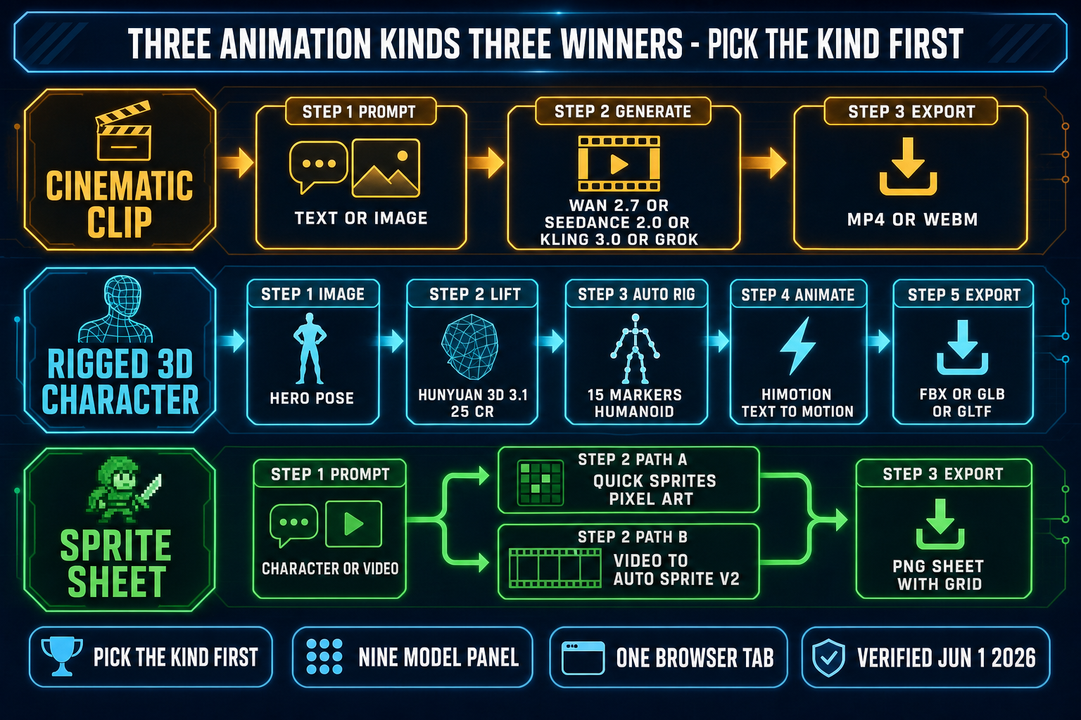 Three-lane pipeline diagram for the best AI animation generator by output kind: cinematic clip lane runs Wan 2.7 or Seedance 2.0 or Kling 3.0 to MP4; rigged 3D character lane lifts an image with Hunyuan 3D 3.1, auto-rigs 15 markers, animates with HiMotion, exports FBX or GLB or glTF; sprite sheet lane runs Quick Sprites for pixel art or video-to-Auto-Sprite V2 for video-derived sheets.