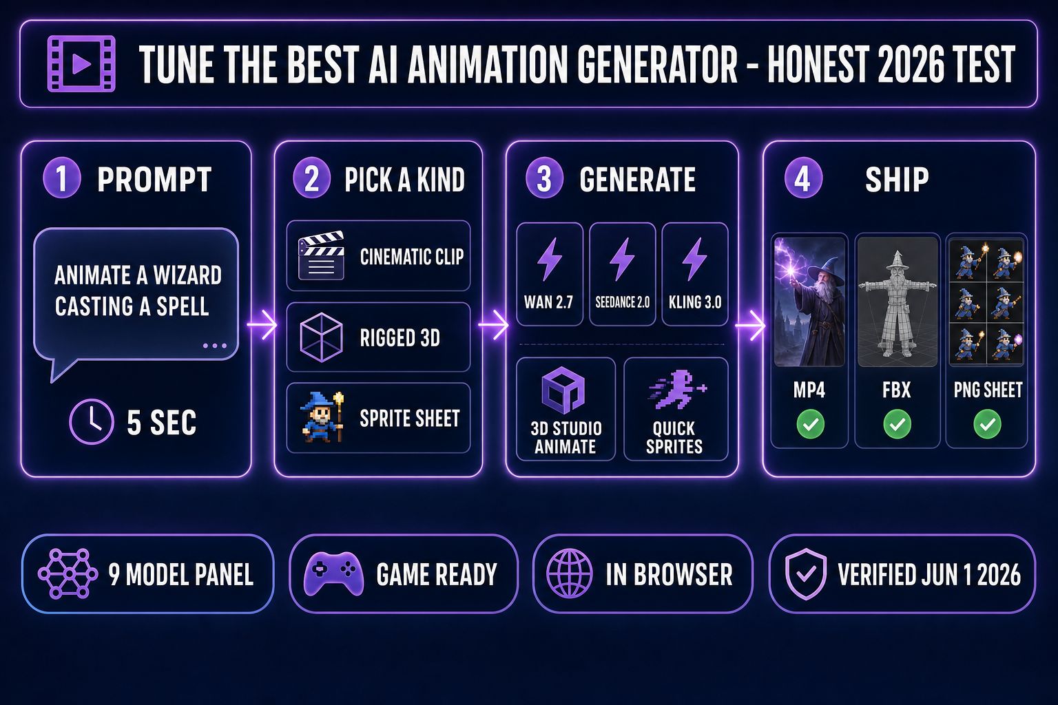 Pipeline diagram of the best AI animation generator workflow: prompt, pick a kind (cinematic, rigged 3D, sprite sheet), generate with Wan 2.7, Seedance 2.0, Kling 3.0, or Sorceress 3D Studio Animate plus Quick Sprites, then ship as MP4, FBX, or PNG sheet.