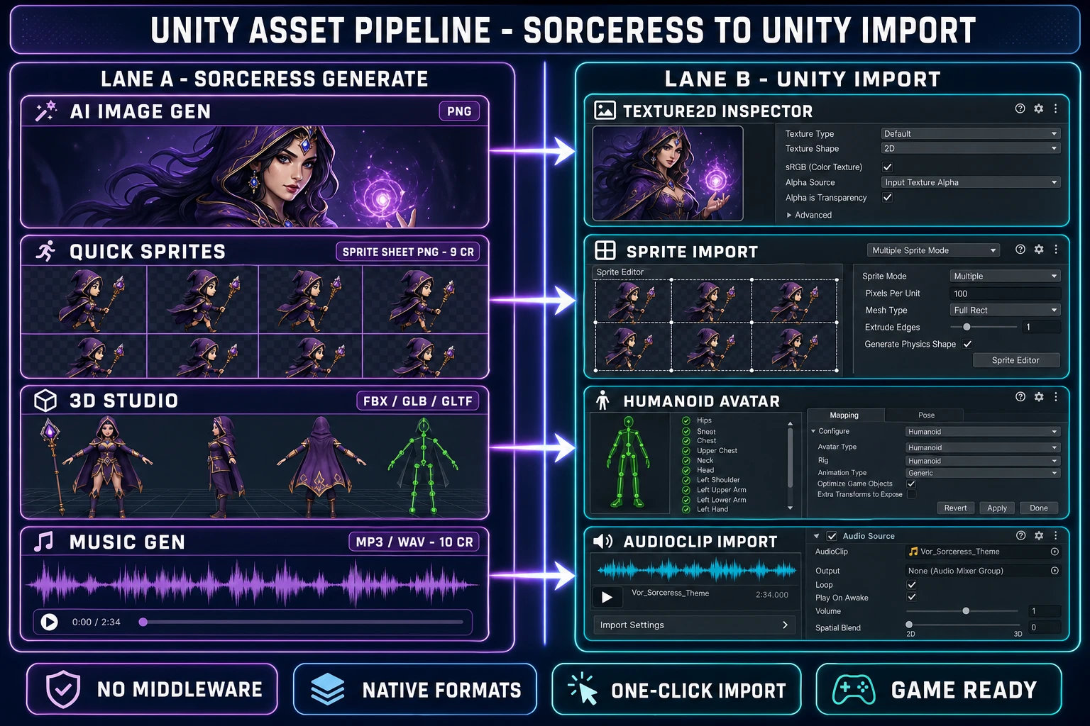 Unity asset pipeline diagram - left lane shows four Sorceress tool panels (AI Image Gen output PNG, Quick Sprites output sprite-sheet PNG at 9 credits, 3D Studio output FBX GLB GLTF, Music Gen output MP3 WAV at 10 credits); right lane shows four matching Unity import inspector panels (Texture2D inspector, Sprite import Multiple mode, Humanoid Avatar configuration, AudioClip import with AudioSource); purple-to-cyan flow arrows connect each Sorceress output to its matching Unity inspector showing no middleware native format compatibility