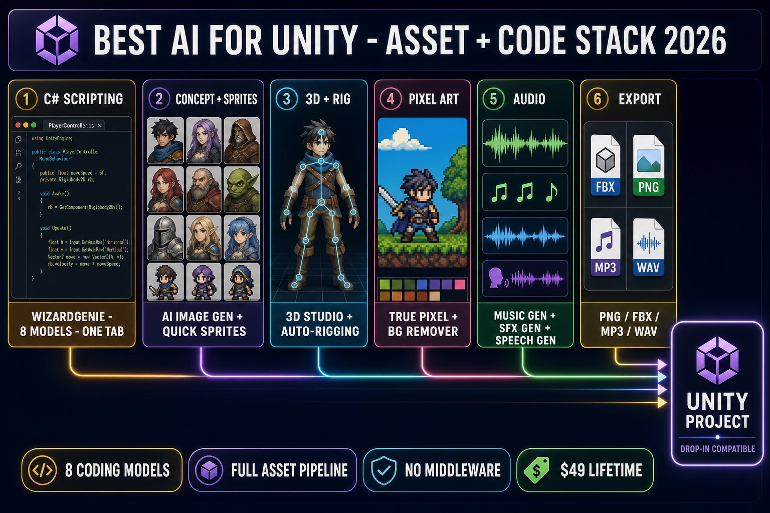 Best AI for Unity asset and code stack 2026 pipeline diagram - six numbered tool panels (WizardGenie for C# scripting, AI Image Gen plus Quick Sprites for sprites, 3D Studio plus Auto-Rigging for 3D characters, True Pixel plus BG Remover for pixel art, Music Gen plus SFX Gen plus Speech Gen for audio, file export panel) feeding into a central Unity project chip with drop-in compatibility for PNG FBX MP3 WAV formats
