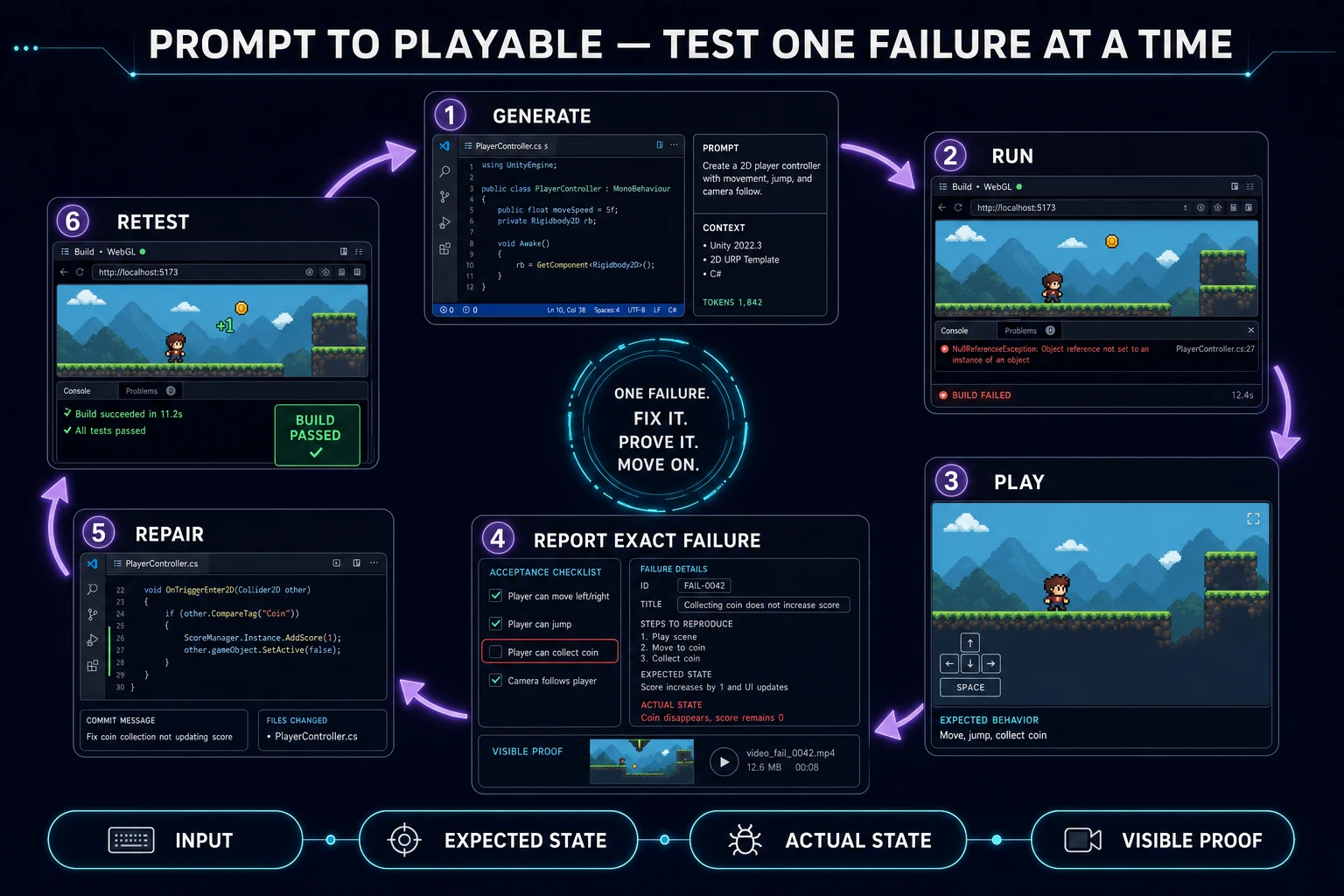 Prompt to game AI testing loop showing generate, run, play, report one failure, repair, and retest