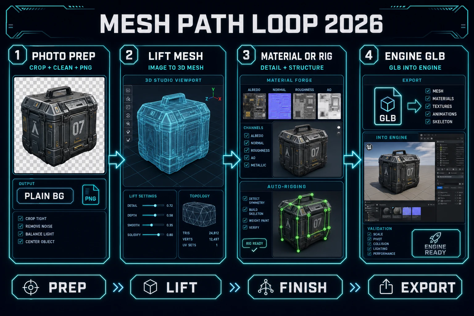 Mesh path loop for how to turn an image into a 3D model with prep, lift, materials or rig, engine GLB
