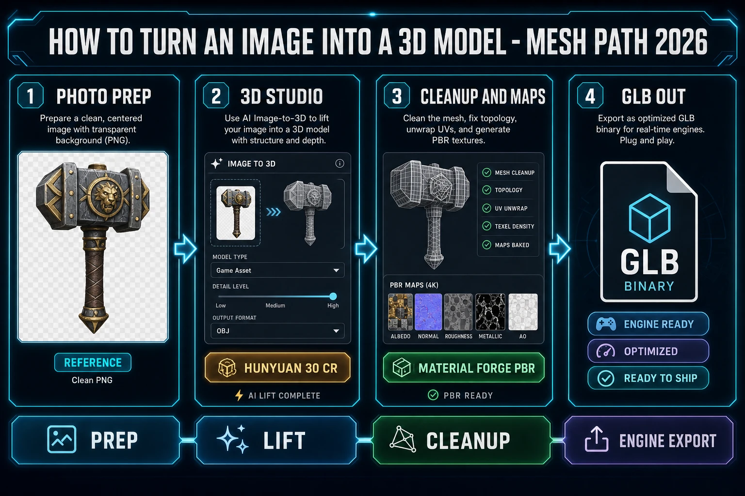 How to turn an image into a 3D model pipeline: photo prep, 3D Studio lift, cleanup and maps, GLB export