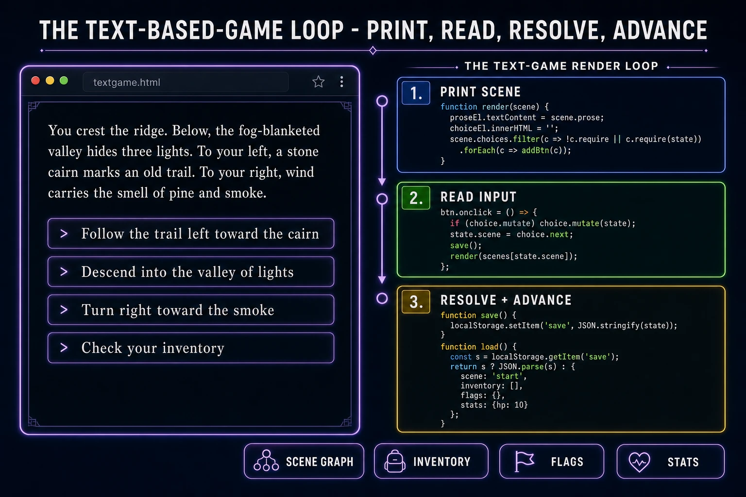 Text based game render loop: print scene, read input, resolve and advance with a choice UI and save routine