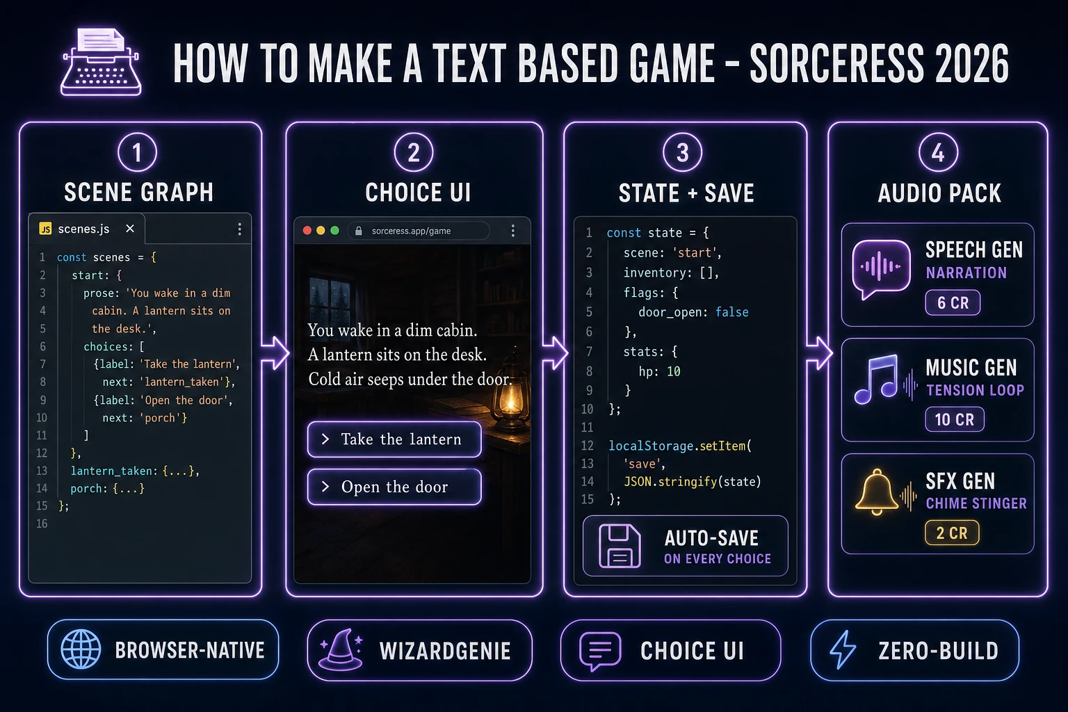 How to make a text based game browser pipeline: scene graph, choice UI, state and save, and audio pack with WizardGenie and Sorceress tools