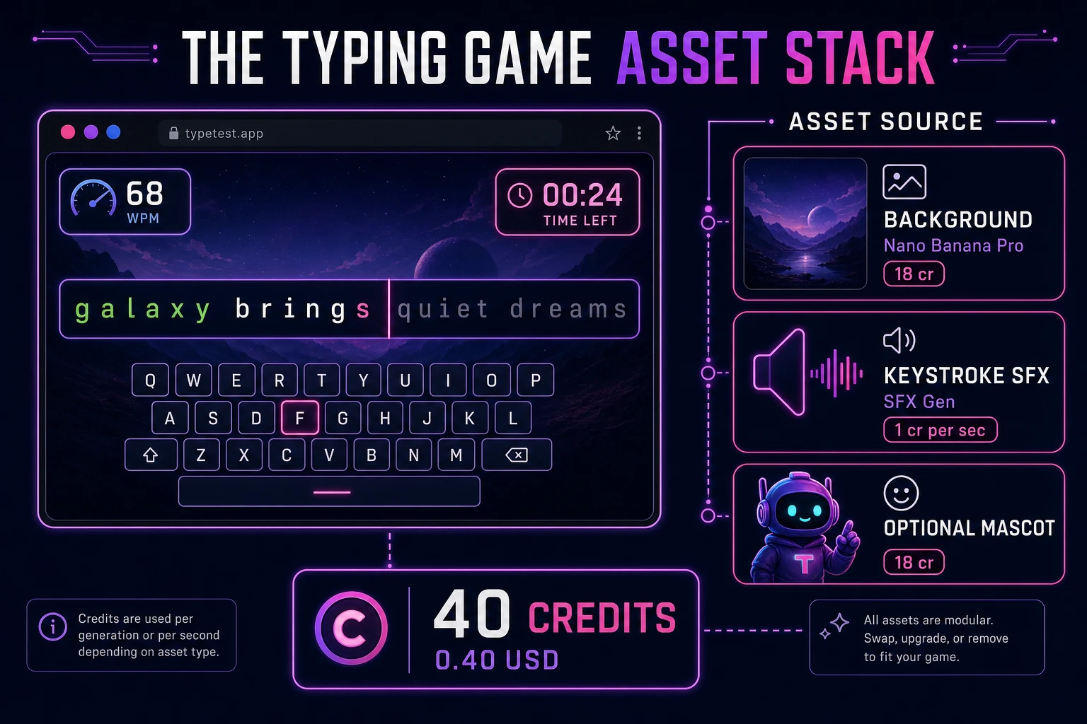 Typing game asset stack diagram showing AI Image Gen background, SFX Gen keystroke and chime snaps, and total credit cost under one dollar