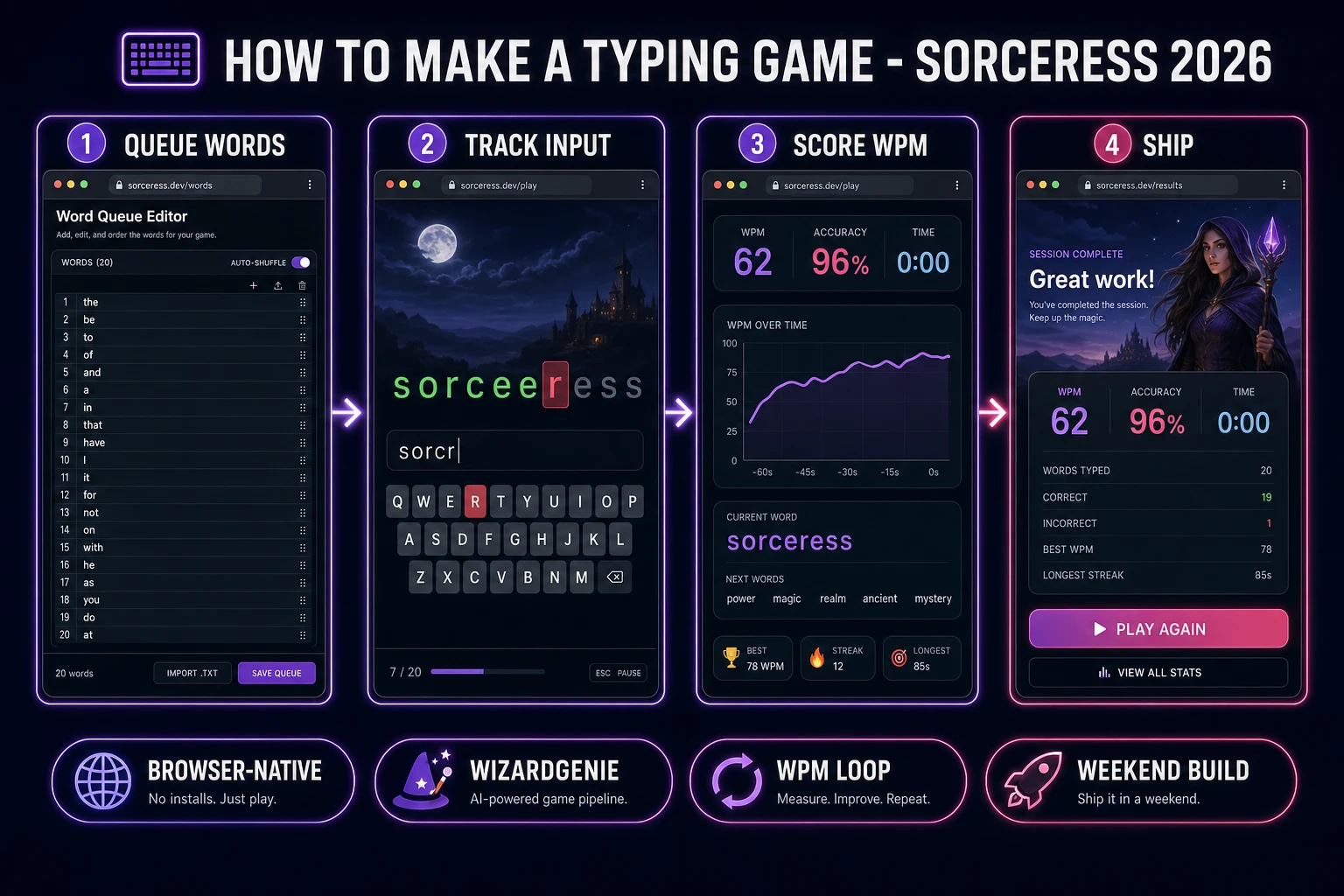 How to make a typing game browser pipeline: queue words, track keyboard input and WPM, wire the loop in WizardGenie, and ship a browser WPM loop