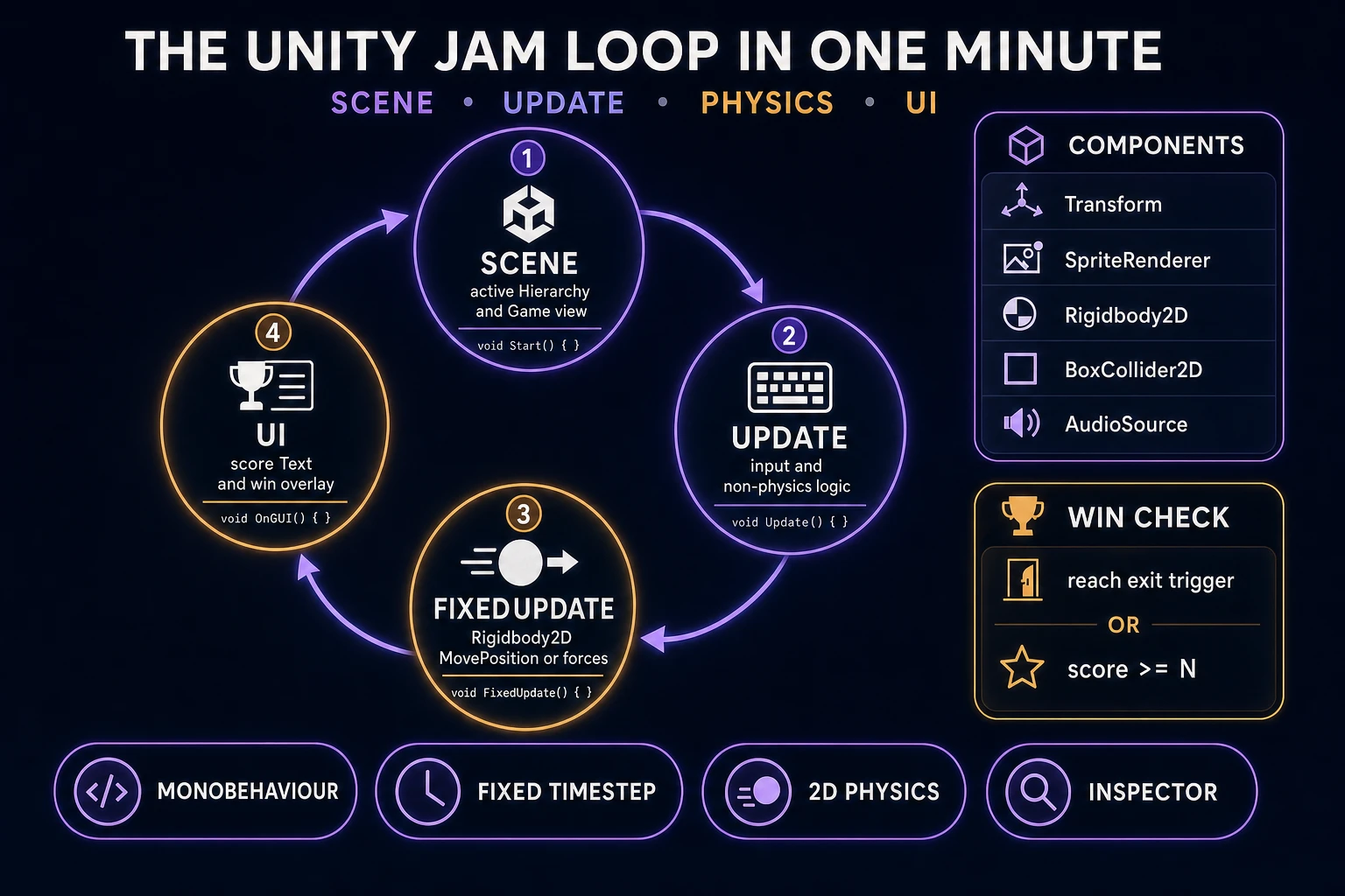Unity jam loop diagram showing scene, Update, FixedUpdate physics, and UI win check as a four-node cycle