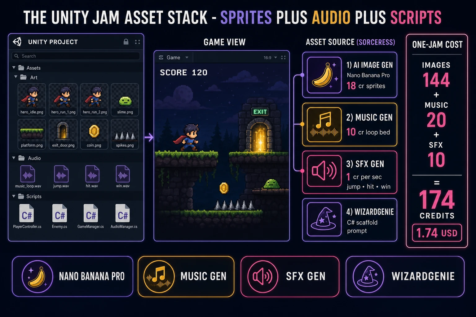 Unity jam asset stack: AI Image Gen sprites, Music Gen loop, SFX Gen stingers, and WizardGenie C# scripts imported into Assets folders