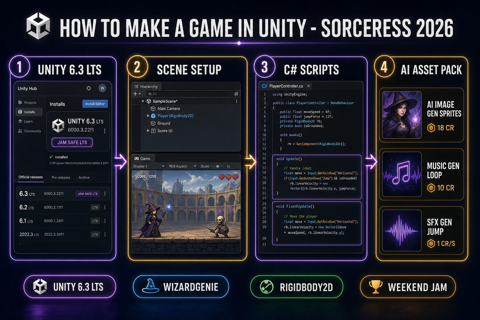 How to make a game in Unity jam pipeline: Unity 6.3 LTS, scene setup, C# scripts, and Sorceress AI asset pack