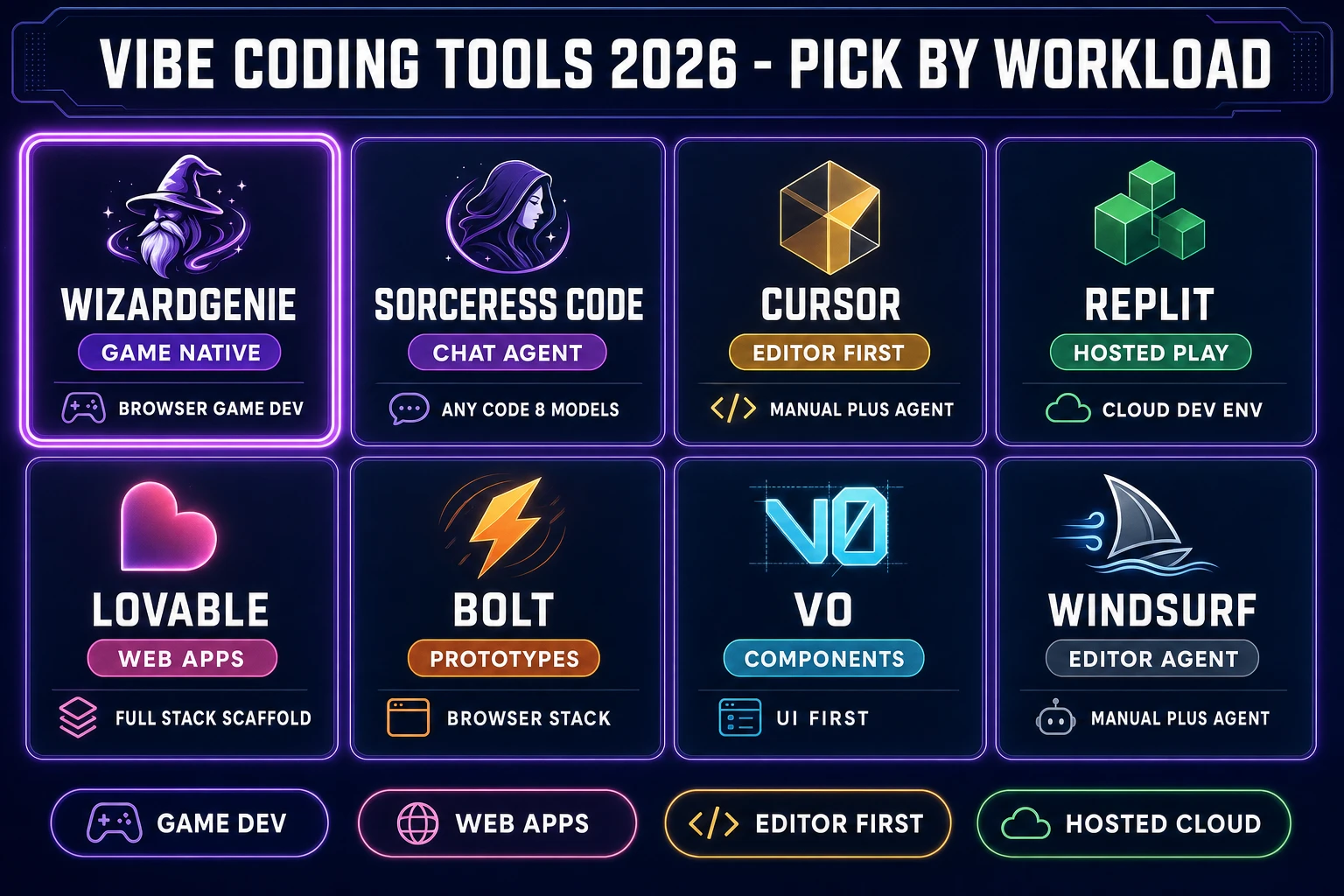 Vibe coding tools 2026 comparison grid showing eight tools - WizardGenie game native, Sorceress Code chat agent, Cursor editor first, Replit hosted play, Lovable web apps, Bolt prototypes, v0 components, Windsurf editor agent - with WizardGenie tile highlighted as featured pick for game dev