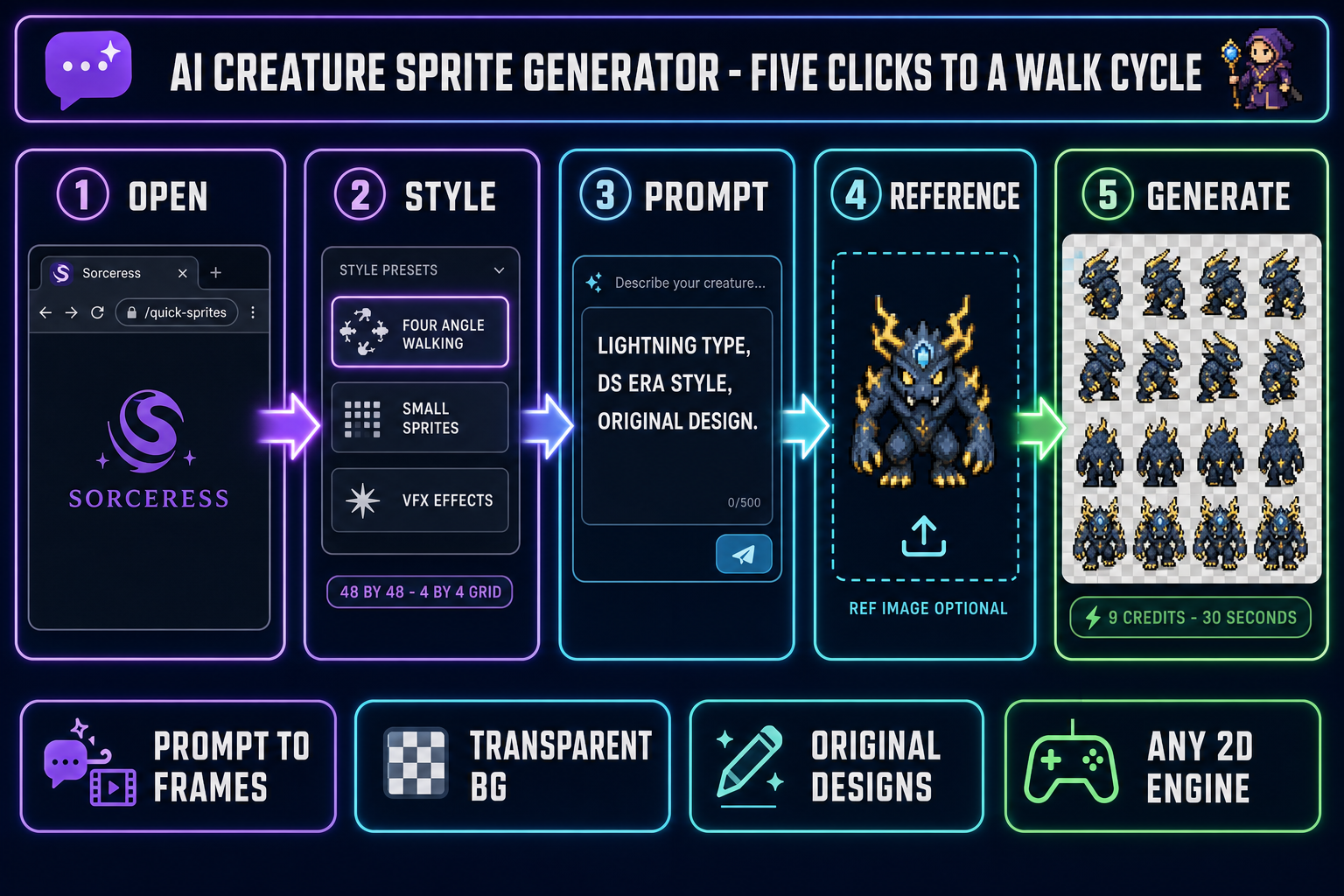 AI Pokemon sprite generator workflow diagram showing a five-click pipeline in Sorceress Quick Sprites - prompt, style chip, size, generate, download - outputting a four-row directional walk-cycle sprite sheet on a transparent background, ready for Phaser, Godot, or RPG Maker