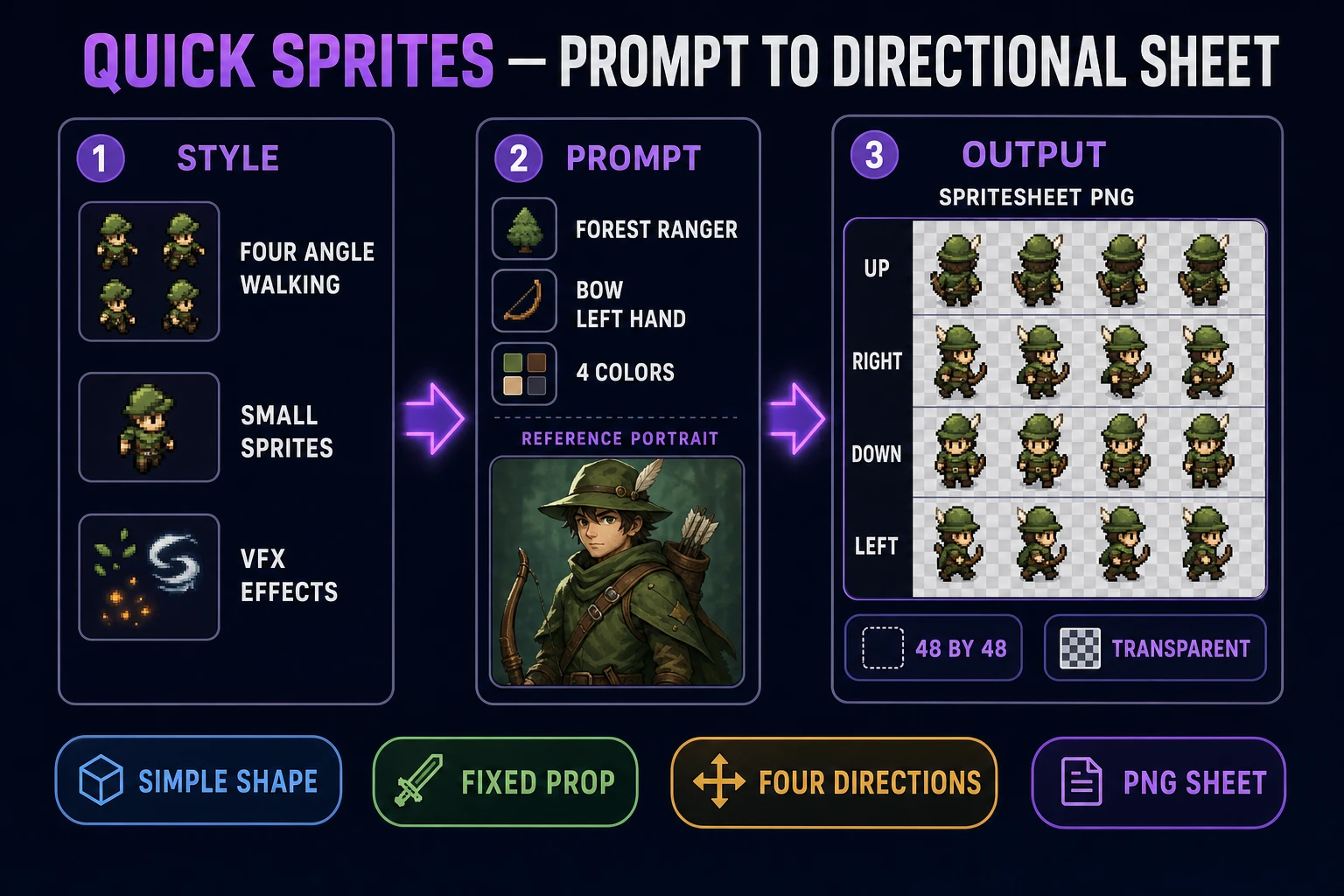 Quick Sprites AI sprite generator interface showing style selection, prompt, optional reference, PNG output, and directional animation preview