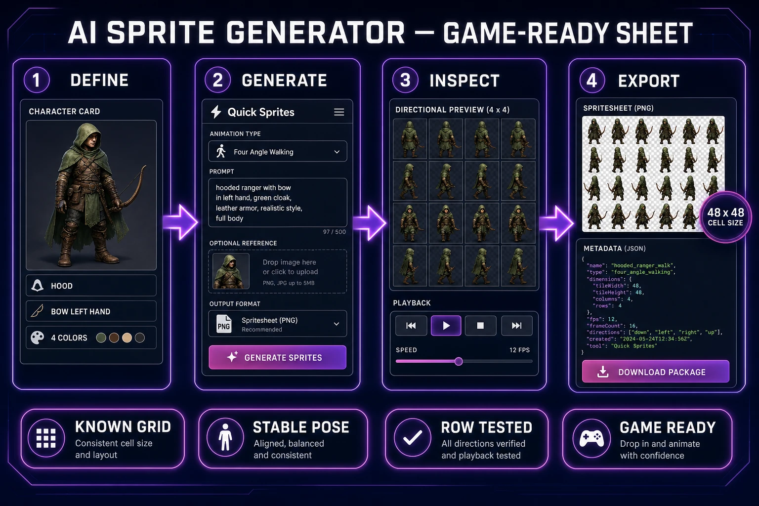 AI sprite generator workflow from character prompt through directional sprite sheet, animation inspection, and game-ready export