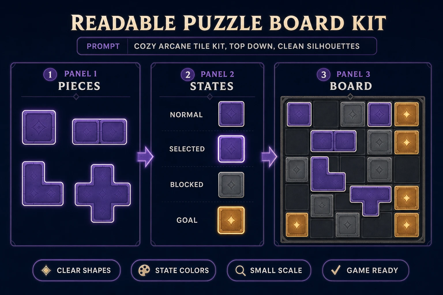AI Image Gen puzzle board kit with distinct movable pieces, fixed obstacles, goals, and selected or blocked states