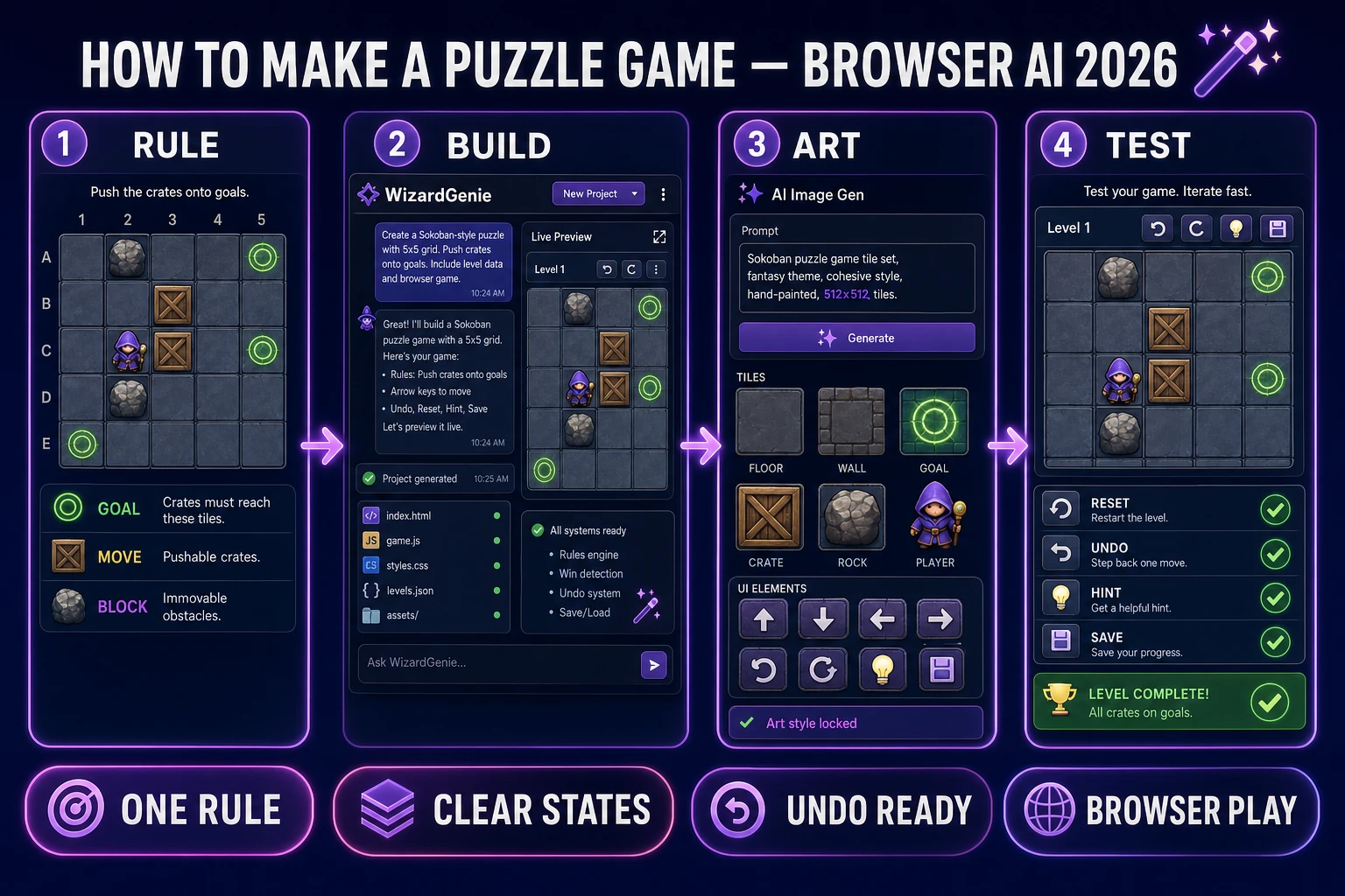 How to make a puzzle game with a four-stage browser AI workflow covering rule design, WizardGenie development, AI Image Gen art, and testing