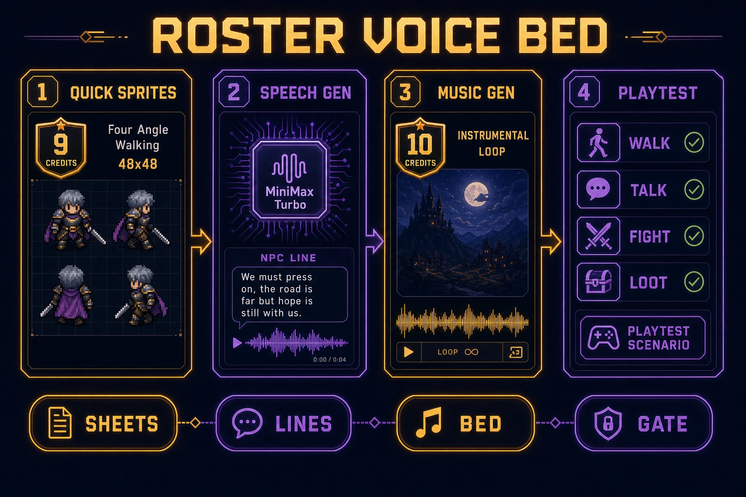 Quick Sprites Speech Gen and Music Gen pack for an RPG party loop