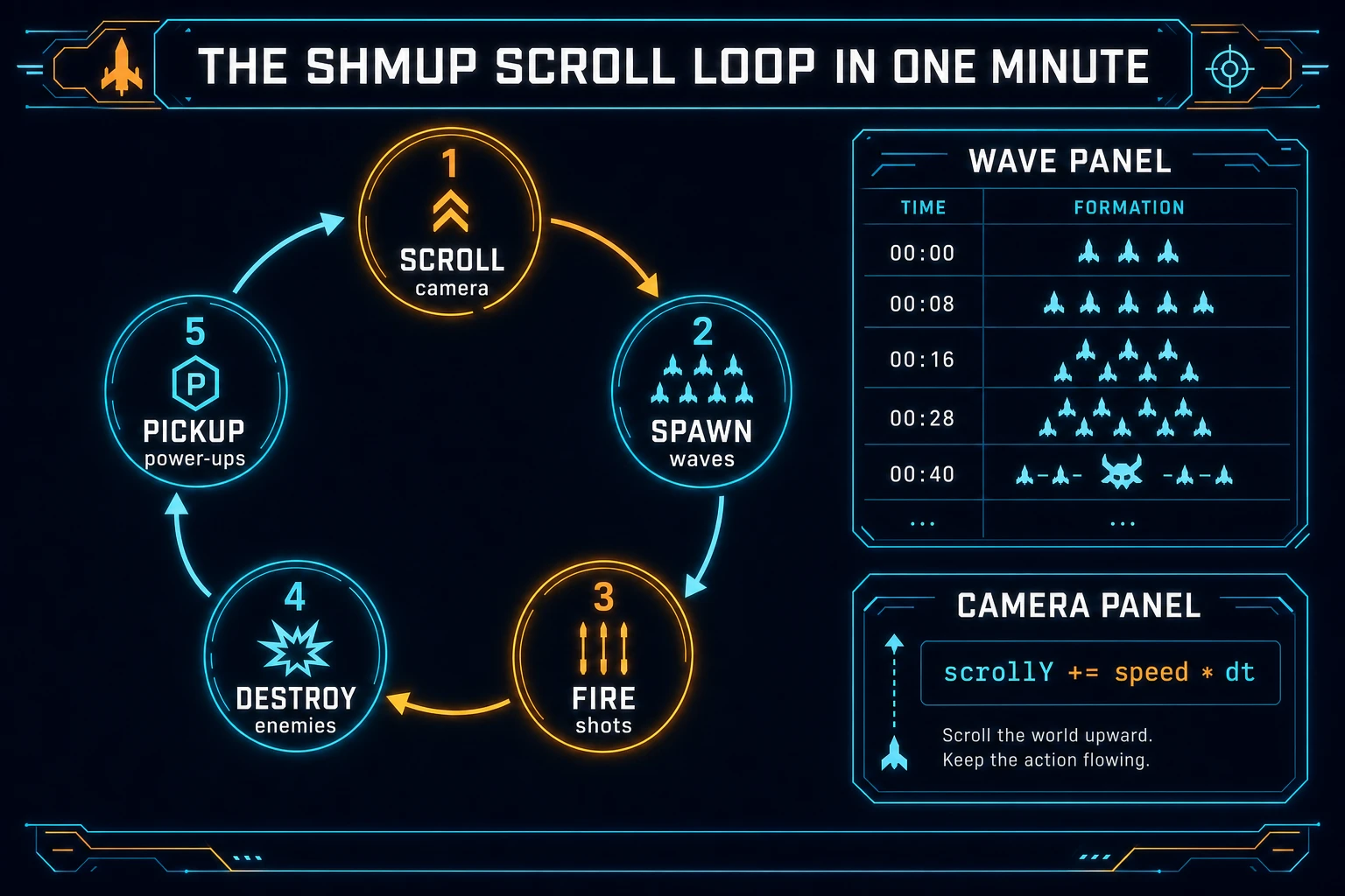 Shmup game loop state machine diagram showing scroll camera, spawn waves, fire shots, destroy enemies, and pickup power-ups