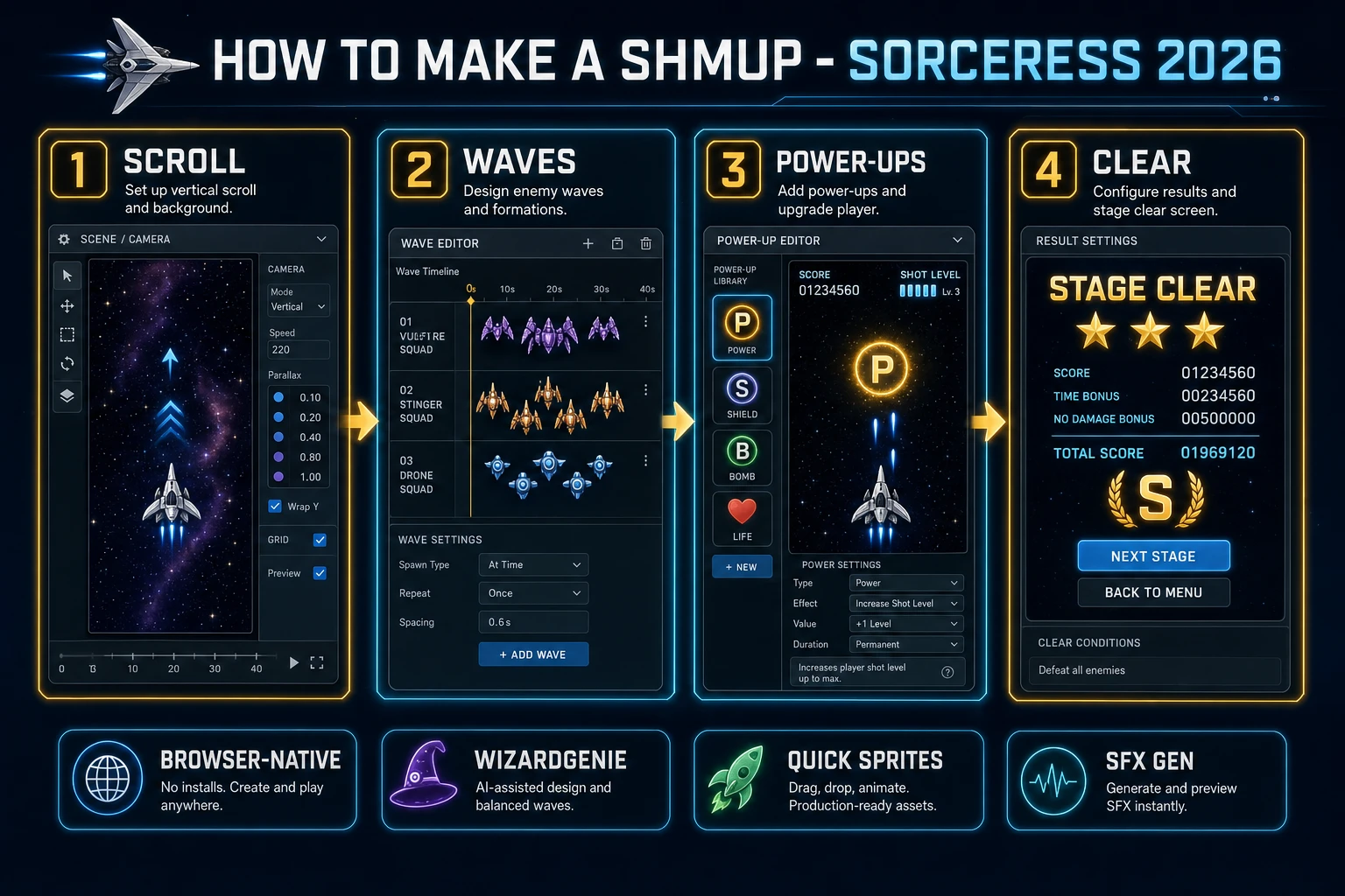 How to make a shmup browser pipeline: wire scroll camera, enemy wave tables, and power-up drops in WizardGenie, then ship a browser scroll loop