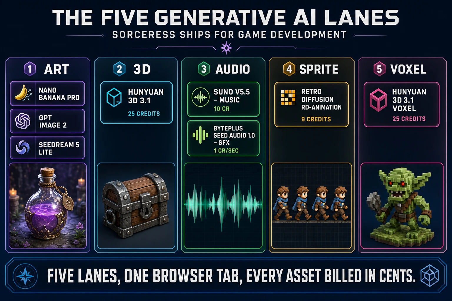 The five generative AI lanes Sorceress ships for game development: ART with Nano Banana Pro, GPT Image 2, and Seedream 5 Lite model cards; 3D with Hunyuan 3D 3.1 at 25 credits; AUDIO with Suno V5.5 at 10 credits and BytePlus Seed Audio at 1 credit per second; SPRITE with Retro Diffusion RD-Animation at 9 credits; VOXEL with Hunyuan 3D 3.1 Voxel at 25 credits
