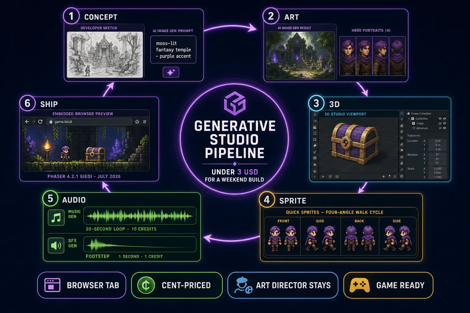 The honest generative studio pipeline for a weekend indie build: a circular 6-step workflow showing CONCEPT (developer sketch and AI Image Gen prompt), ART (returned painterly backdrop and hero portrait strip), 3D (rigged stylized chest mesh in 3D Studio viewport), SPRITE (Quick Sprites four-angle walk cycle), AUDIO (Music Gen 20-second loop and SFX Gen footstep envelope), and SHIP (embedded Phaser 4.2.1 Giedi browser preview with a pixel adventure scene)