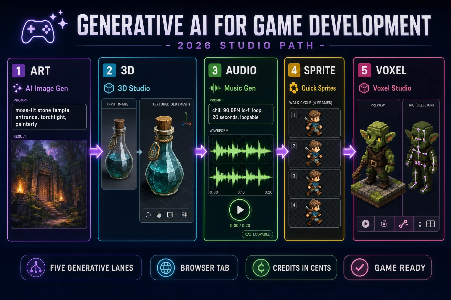 Generative AI for game development in 2026 studio path: a 5-step pipeline showing ART (AI Image Gen prompt returning a moss-lit temple backdrop), 3D (3D Studio image-to-mesh viewport with a potion bottle), AUDIO (Music Gen waveform with a 20-second loopable prompt), SPRITE (Quick Sprites 4-frame pixel walk cycle), and VOXEL (Voxel Studio blocky goblin with a rig skeleton)