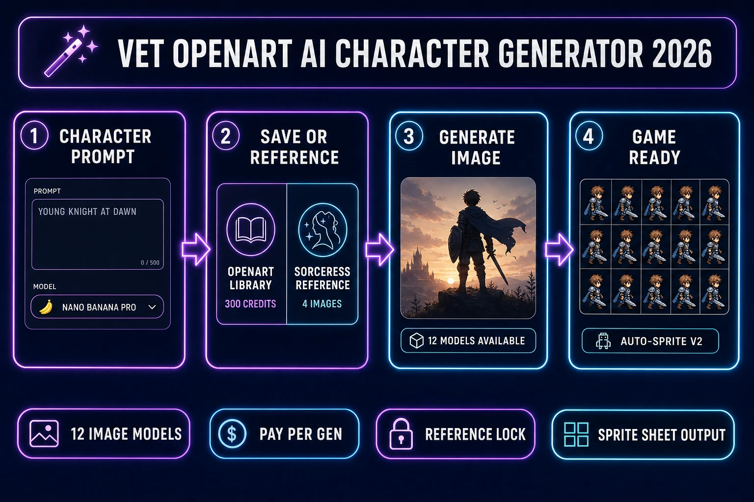 Vet OpenArt AI character generator - four-panel pipeline from prompt to save-or-reference to model choice to game-ready sprite sheet