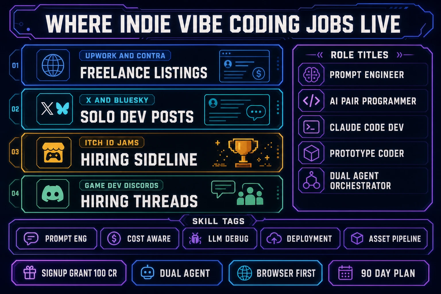 Where indie vibe coding jobs live: Upwork and Contra freelance listings, X and Bluesky solo dev posts, itch.io jam hiring sidelines, game dev Discord hiring threads, with role titles column showing prompt engineer, AI pair programmer, Claude code dev, prototype coder, dual agent orchestrator