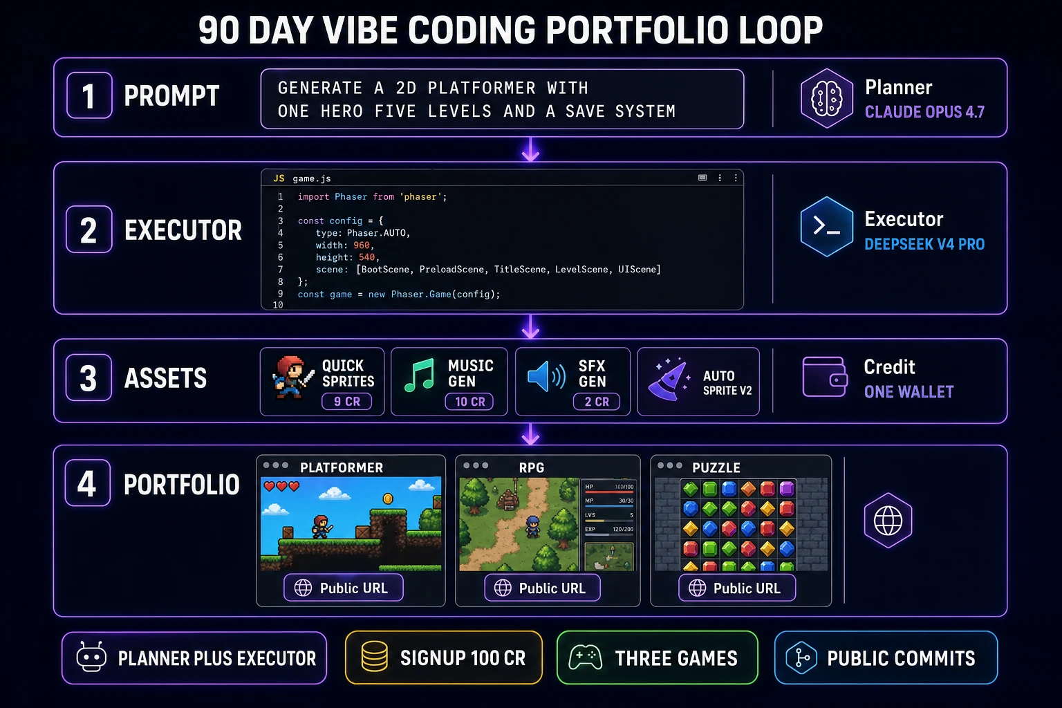 90-day WizardGenie dual-agent portfolio loop: prompt field with Planner Claude Opus 4.7, Executor code editor with DeepSeek V4 Pro and Phaser 3 JavaScript, asset tiles for Quick Sprites 9 cr Music Gen 10 cr SFX Gen 2 cr Auto Sprite v2, and portfolio row with three browser game thumbnails platformer RPG puzzle each with public URL