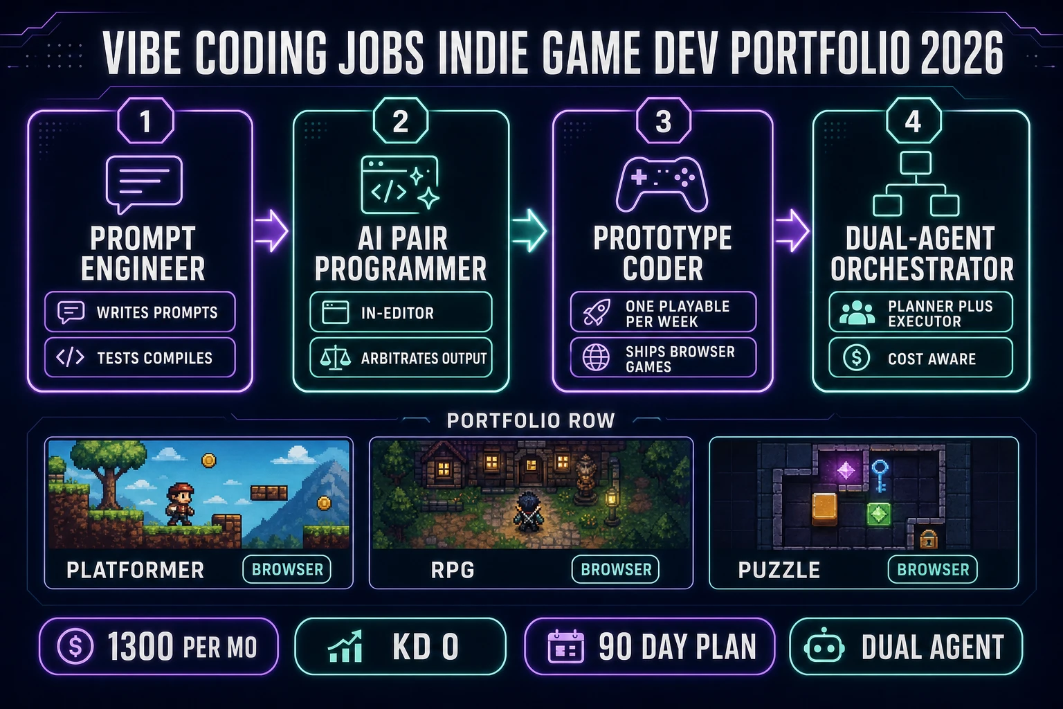 Vibe coding jobs in indie game dev split into four roles: prompt engineer, AI pair programmer, prototype coder, and dual-agent orchestrator, with a portfolio row showing platformer RPG and puzzle browser games