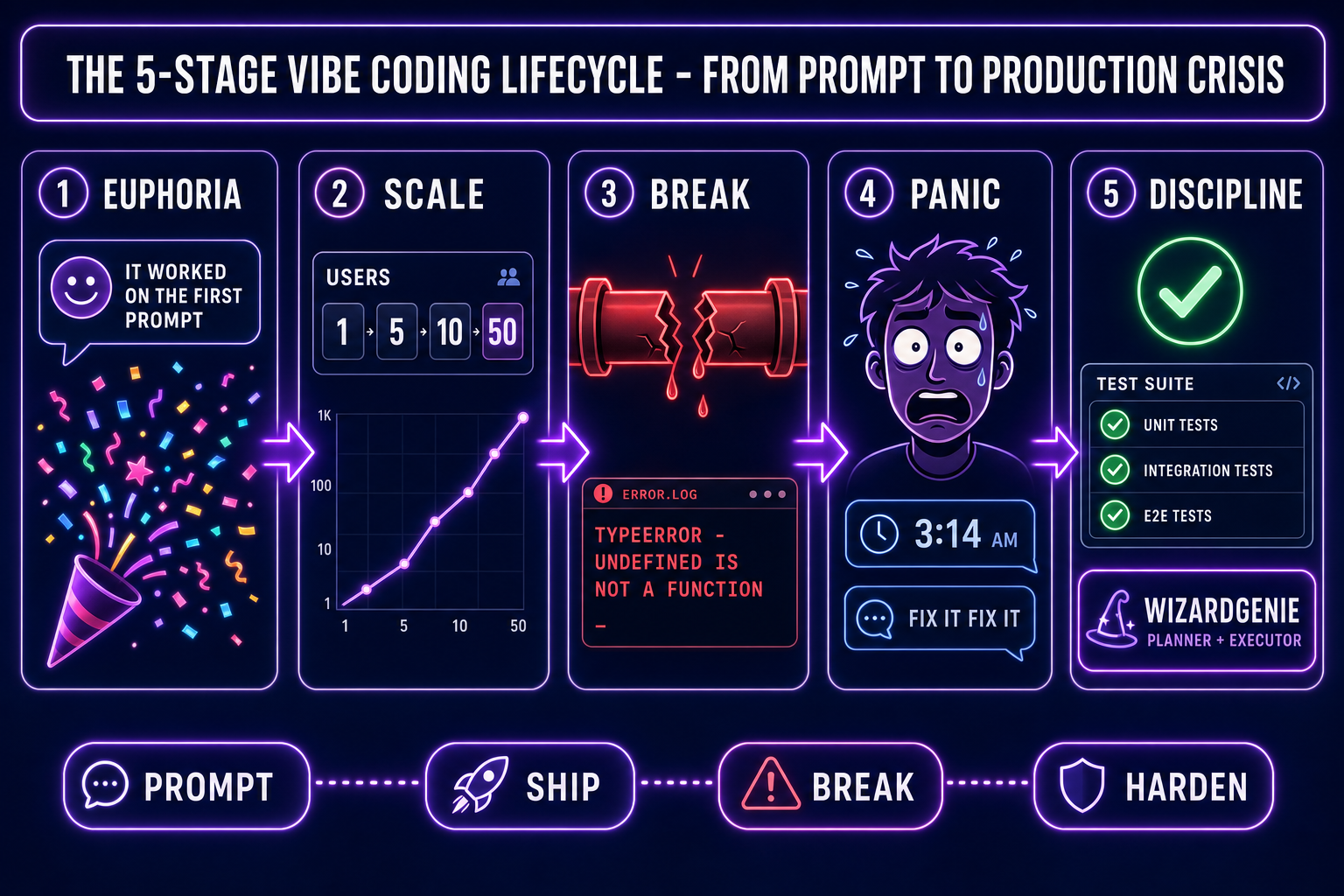 Five-stage vibe coding lifecycle from euphoria after the first prompt to scale to break to panic to discipline with a planner-plus-executor pattern