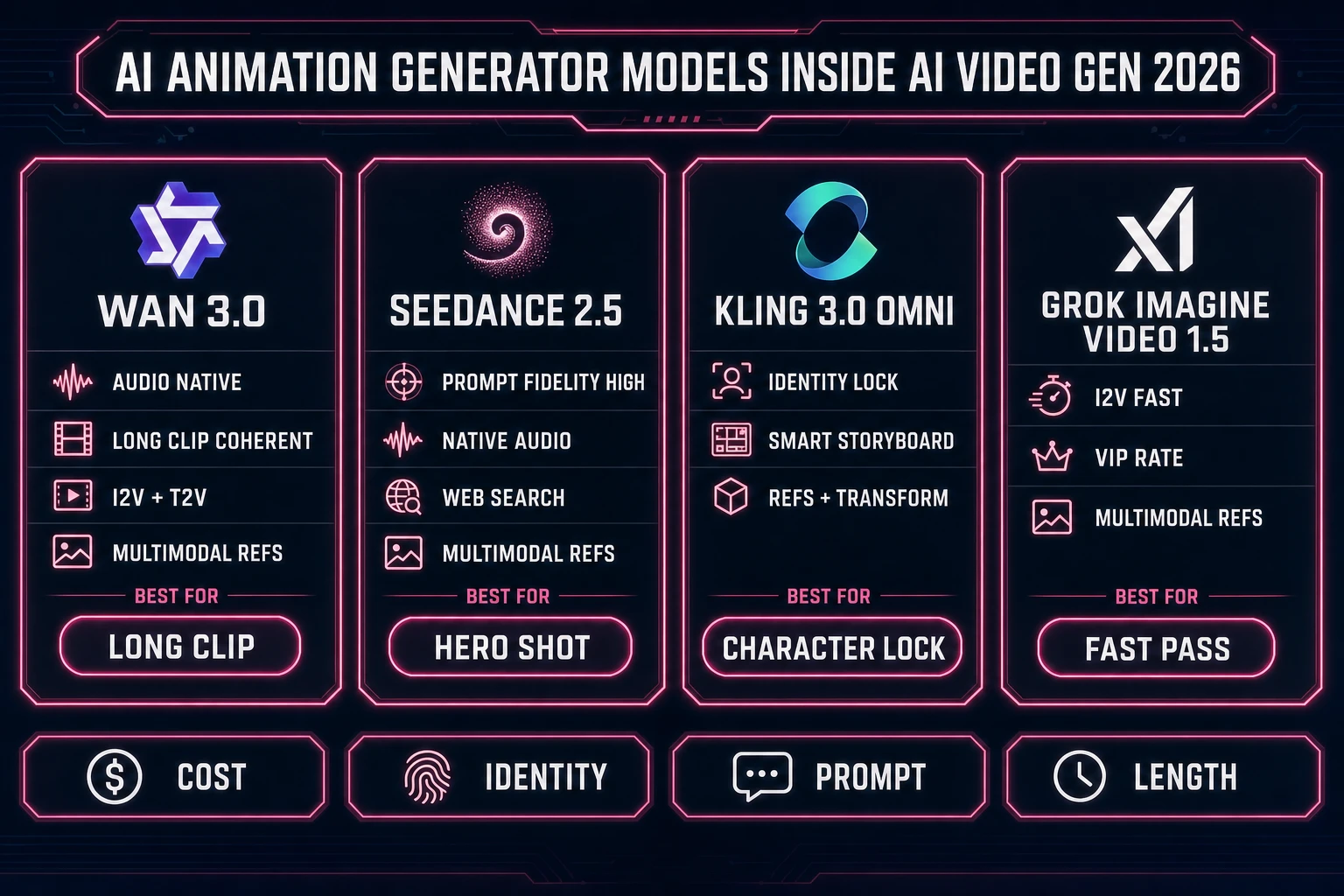 AI animation generator model comparison matrix: Wan 3.0 with native audio and long-clip coherence, Seedance 2.5 with prompt fidelity and native audio, Kling 3.0 Omni with identity lock and smart storyboarding, Grok Imagine Video 1.5 with fast image-to-video and VIP rate