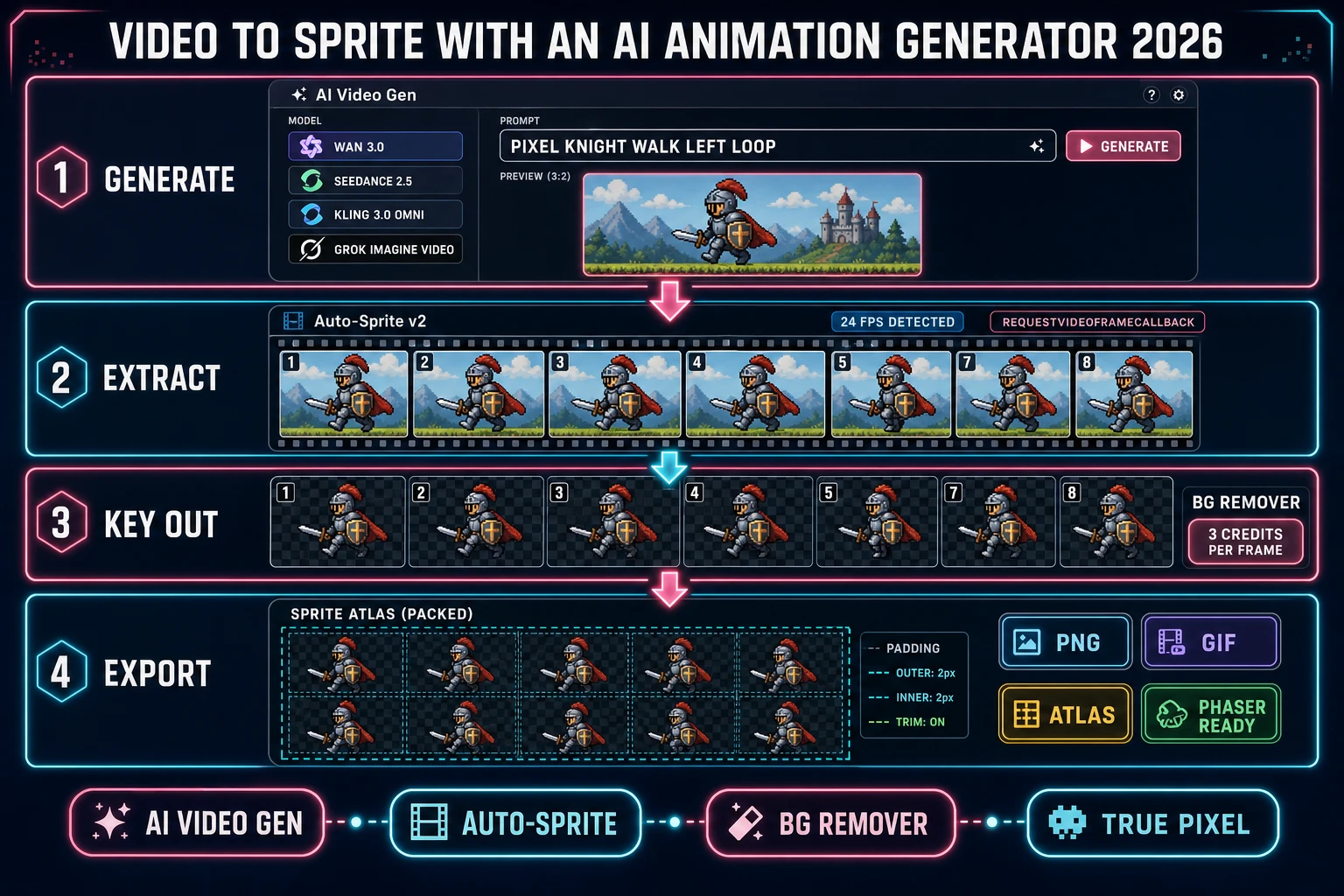 Video to Sprite With an AI Animation Generator 2026 diagram showing four browser panels: AI Video Gen model picker (Wan 3.0, Seedance 2.5, Kling 3.0 Omni, Grok Imagine Video), Auto-Sprite v2 frame extractor with FPS detection, background removal, and a packed sprite atlas export