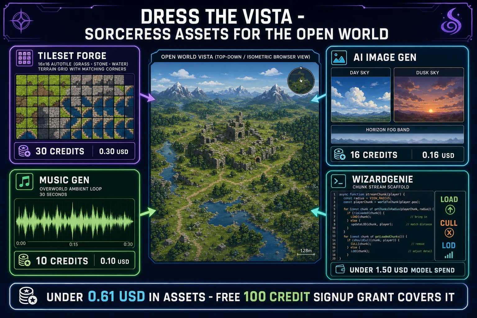 Sorceress asset stack for a browser open world game: Tileset Forge autotiles 30 credits, AI Image Gen skyboxes 16 credits, Music Gen ambient bed 10 credits, WizardGenie under 1.50 USD - total under 0.61 USD in assets, covered by the free 100-credit signup grant