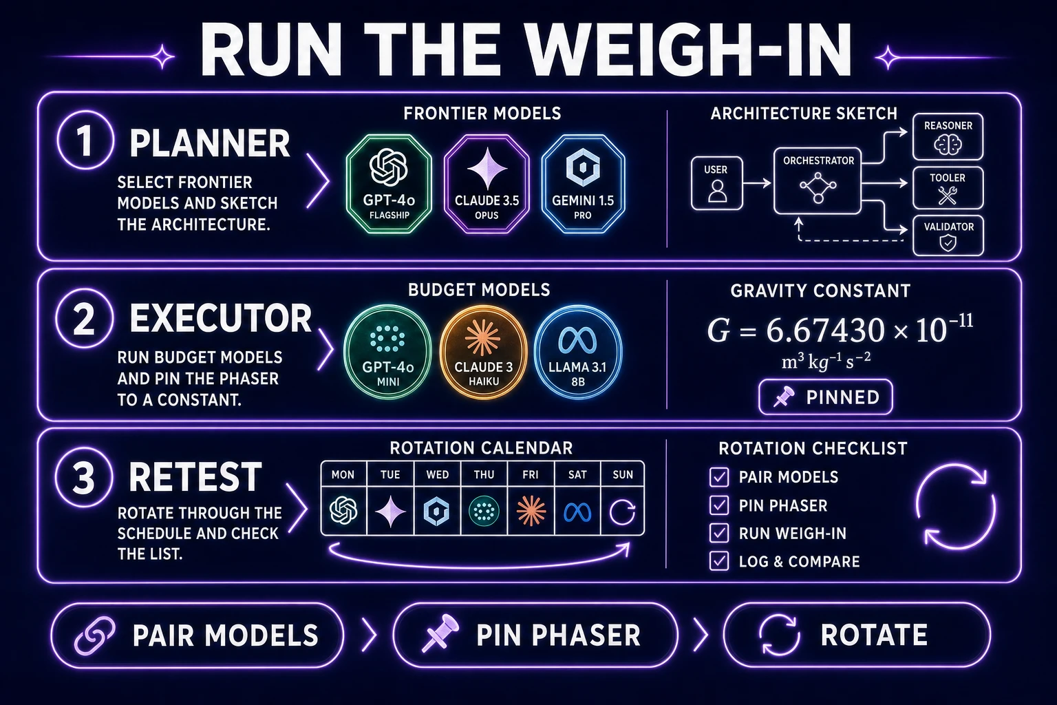 WizardGenie planner versus executor weigh-in with Phaser pin and retest rotation