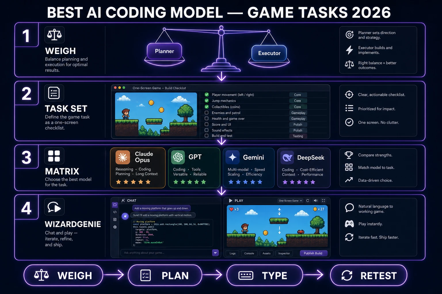 Best AI coding model weigh-in path from task set through model matrix to WizardGenie dual-agent loop