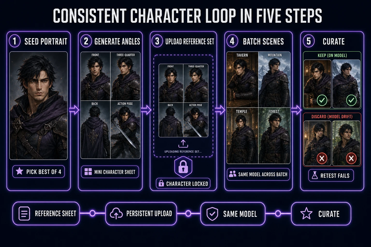 Consistent character workflow in Sorceress AI Image Gen five steps: generate seed portrait, generate three to five angles, upload full character sheet as reference set, batch game scenes, curate and retest